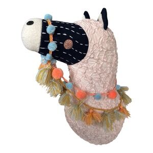 Crate & Barrel Kids Curious Llama Head Wall Decor Plush Boho Tassels Pink Blush
